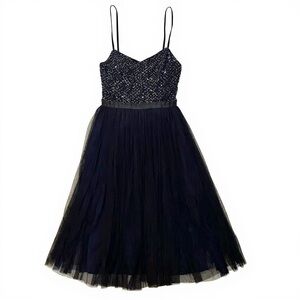 NEEDLE & THREAD US 4 Black Navy Sparkling Beaded Tulle Midi Dress UK Brand PARTY